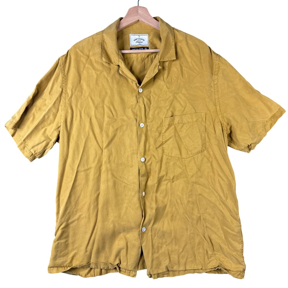 Portuguese Flannel Belavista Mustard Yellow Lyocell Camp Collar Shirt Mens XL